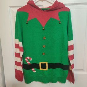 Christmas ELF Sweater Size Small Jingles Hooded Pom Pom Green Red Candy Cane